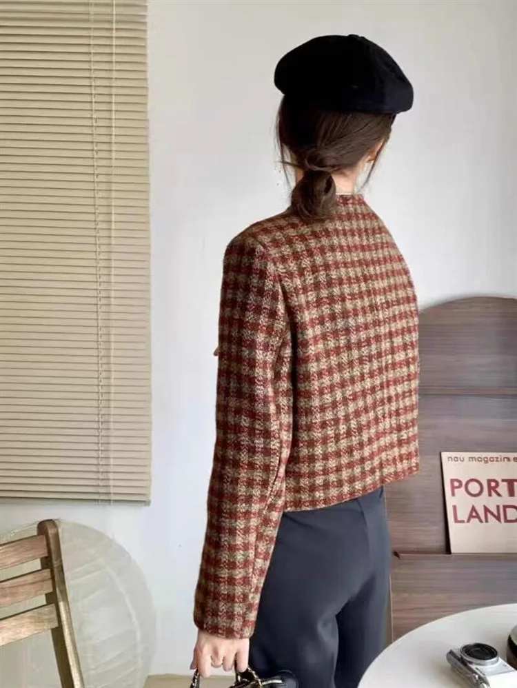 Tweed Jacket Overcoat Oversize Womens Fall Vintage Lady Rhinestones Elegant Minimalism Silhouette French Style Harajuku Lace-Up