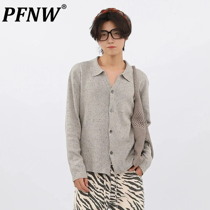 PFNW Korean Style Lapel Pullover Sweater Men's Single Breasted Speckle Design Knitted Cardigan Male Casual Tops Fashion 28W5291