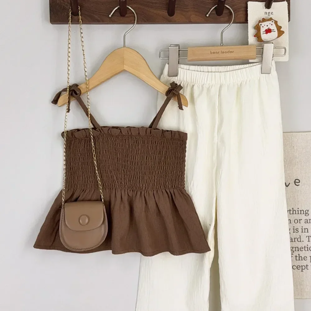 Girls Suit Korean Version Summer Khaki Pleated Camisole Top and Beige Long Pants Two-piece Set 3 To 7 Years Old Kids Daily Wear view 3
