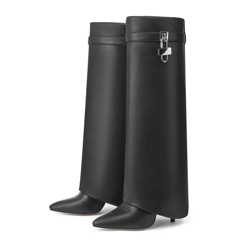 Autumn New Height Increase Breathable Wear-resistant Black Long Boots Pointed Metal Decoration Thin Heel High-heeled Women Boots