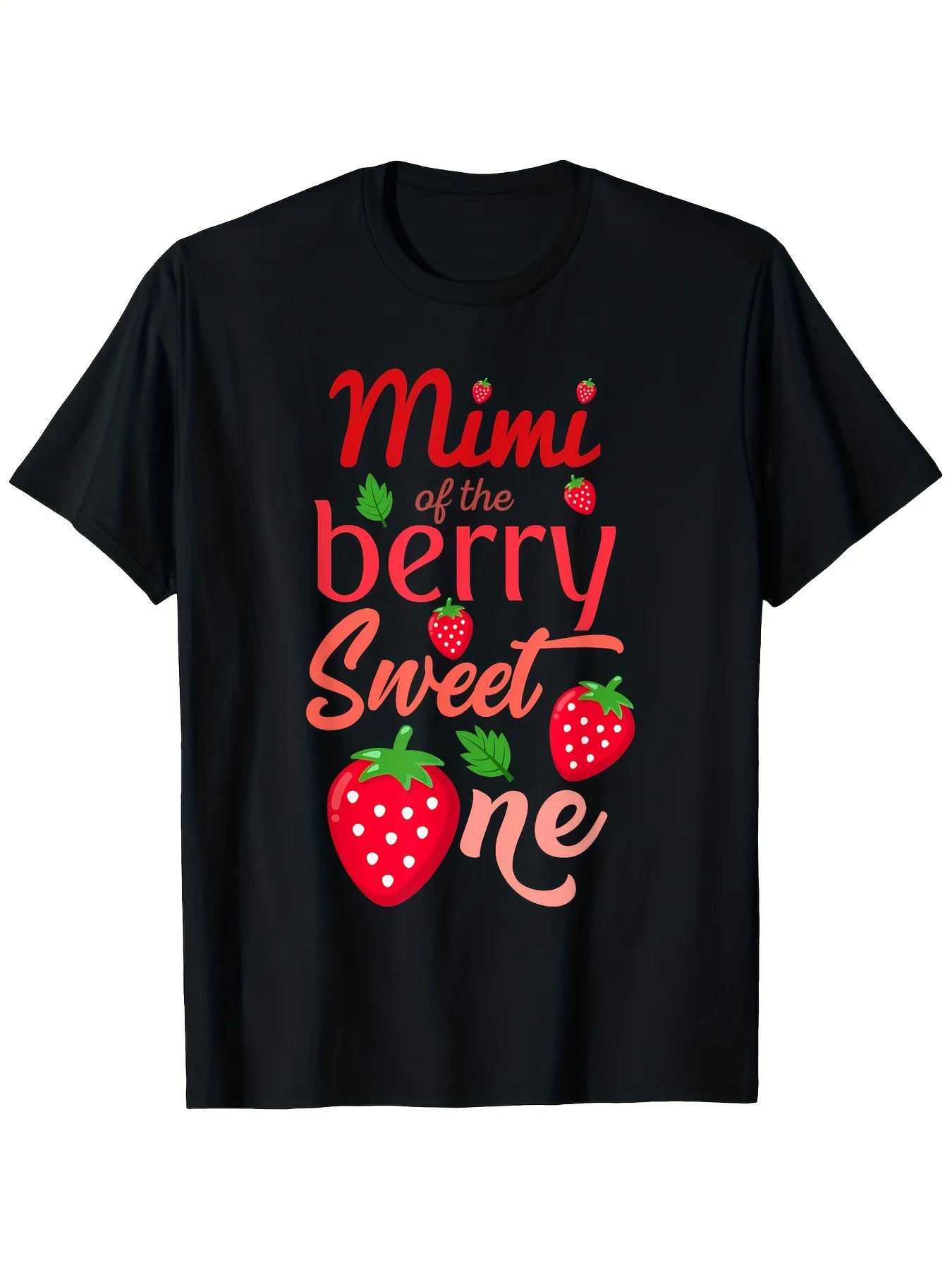 Soft 'Mimi Of The Berry Sweet One' Strawberry Print T-Shirt Perfect Gift For Mom & Dad, Casual Crew Neck Tee, Machine Washable,