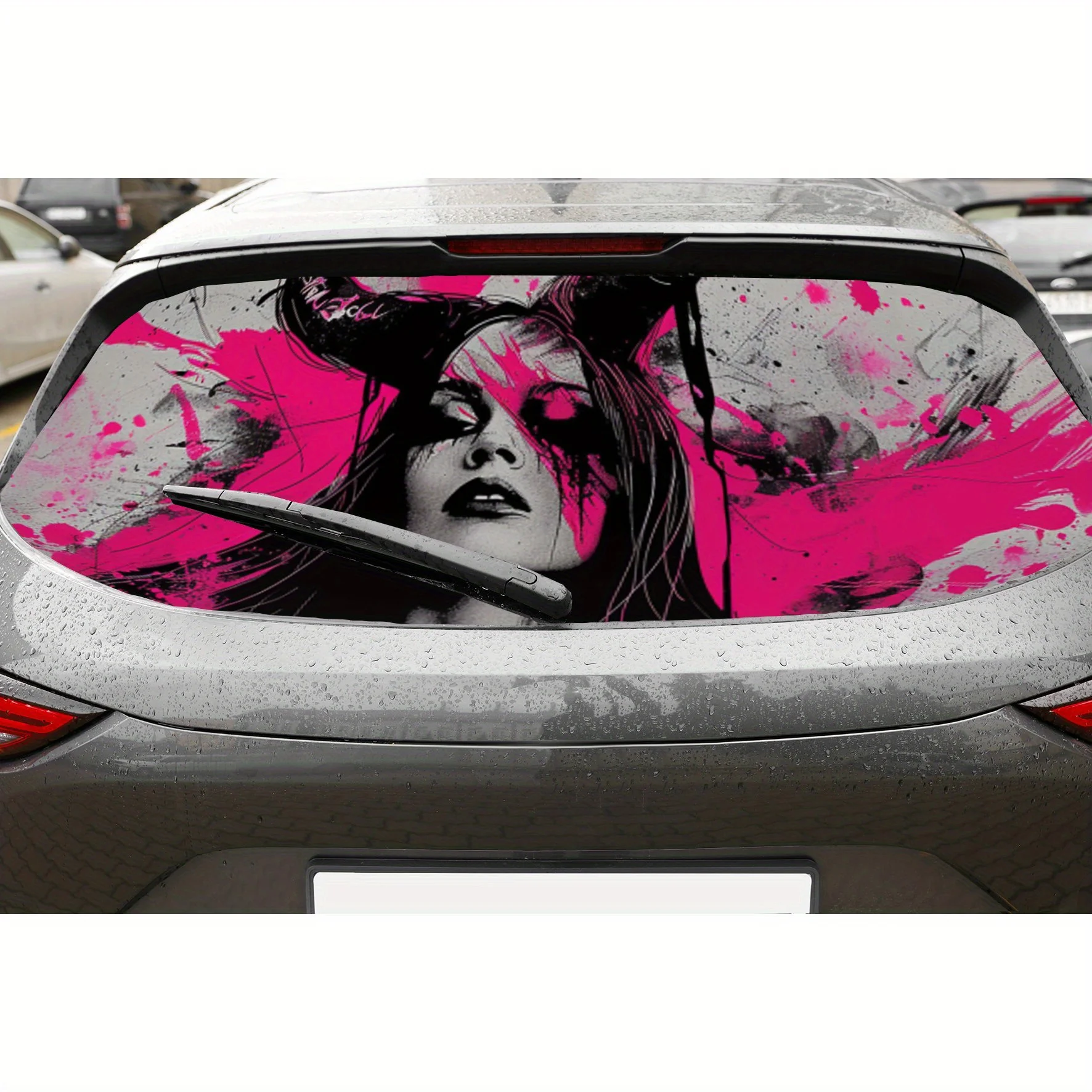 

Розовый брызг, ужас, девушка, принт, наклейка на заднее лобовое стекло автомобиля, окно грузовика, прозрачная перфорированная виниловая наклейка на заднее окно, самоклеящаяся наклейка