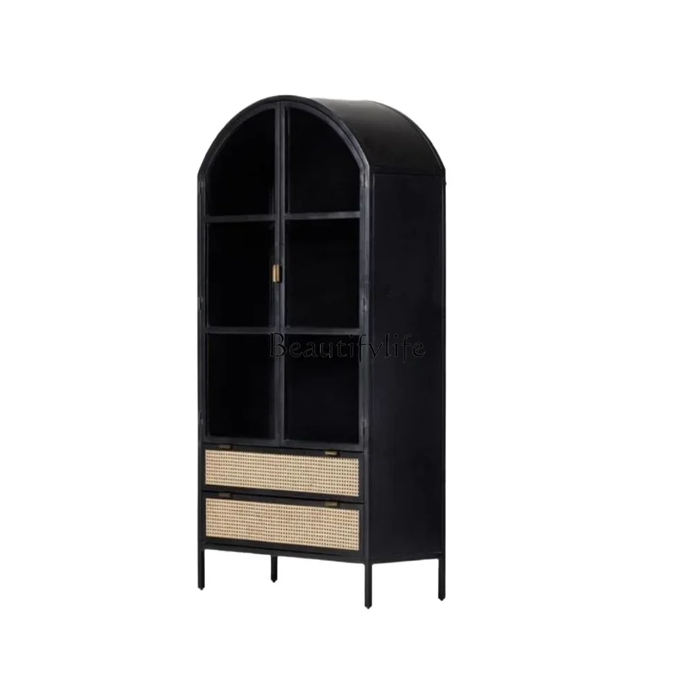 

American Light Luxury Solid Wood Bookcase Simple Living Room Black Glass Door Rattan Drawer Curio Cabinet