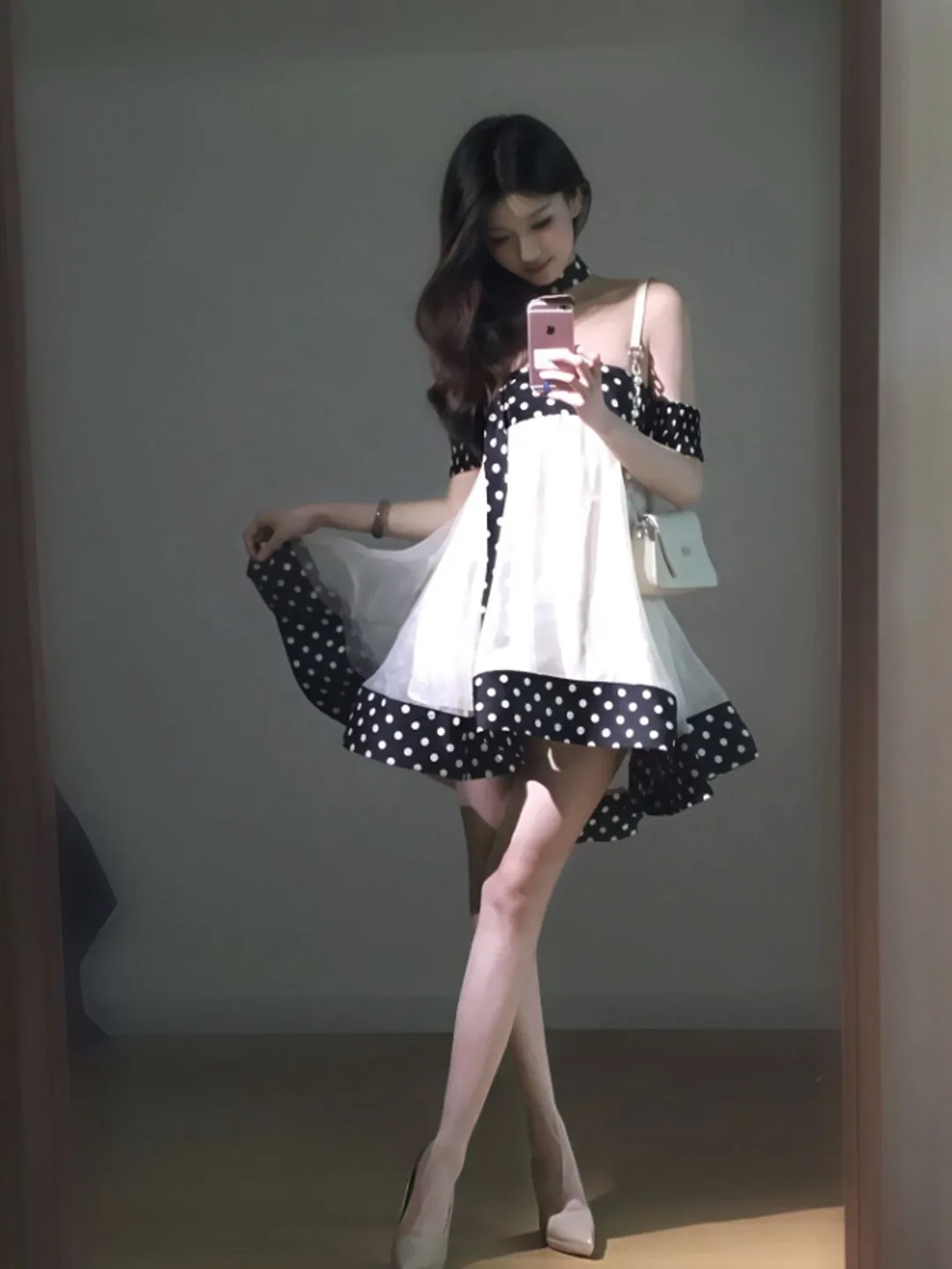 

Unique Korean Polka Dot Puffy Short Skirt One Shoulder Beautiful Dress Summer 2026 Cotton Gentle Style Natural Waist Midi Dress