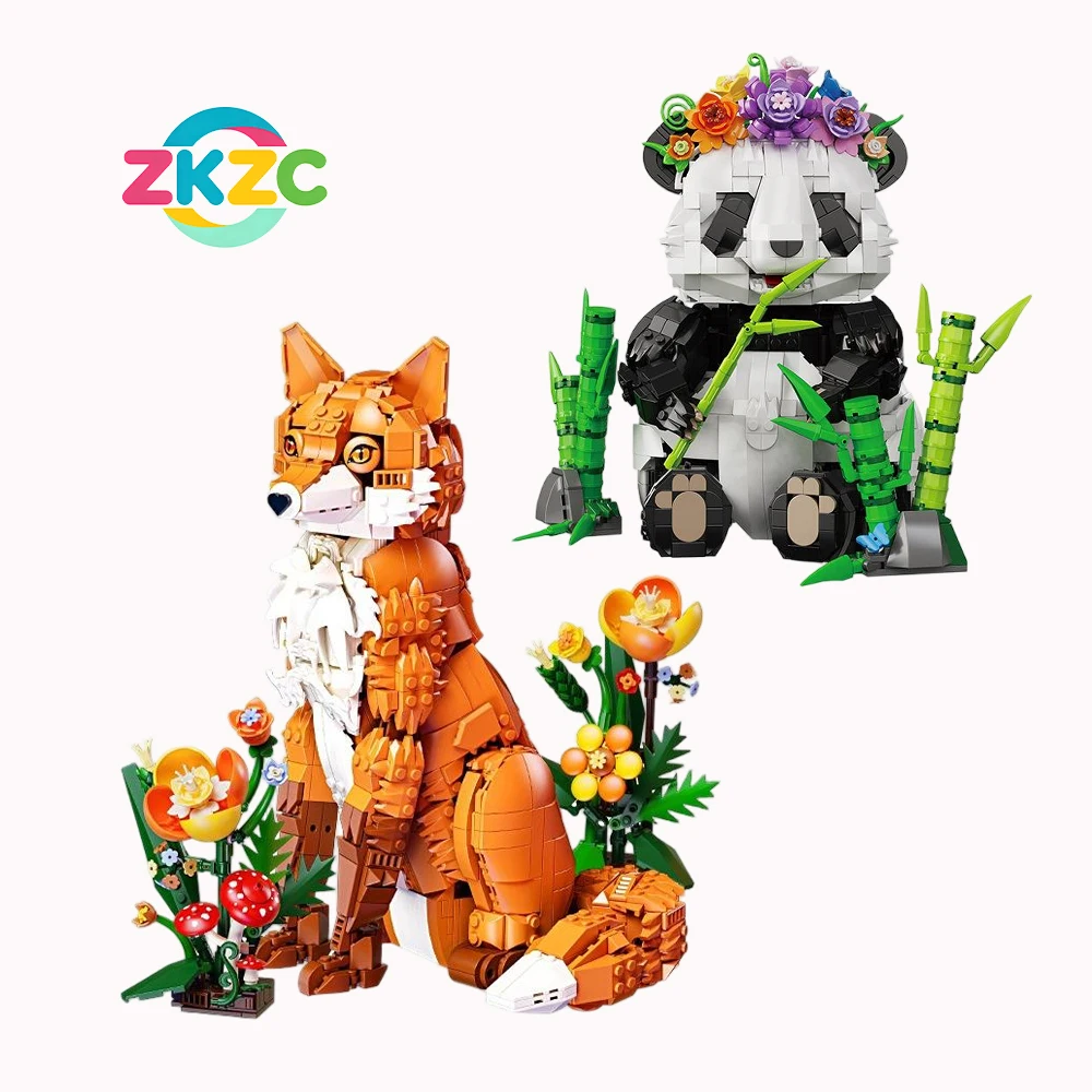 Creative Forest Fox Tiger Panda Cat Sunflower Building Blocks DIY MOC Animals Bricks Home Decor Toys Children Christmas Gifts