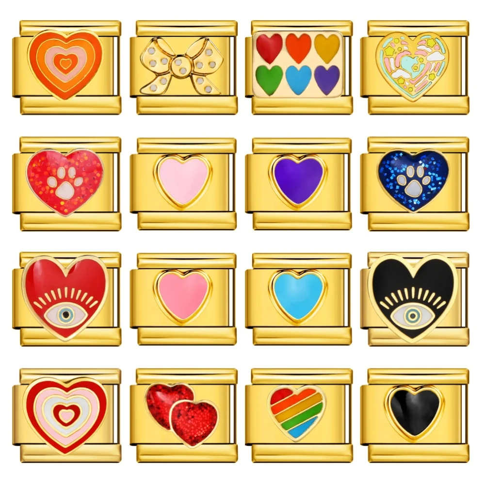 Design cor dourada coração arco-íris mapa olho gato garra selo link italiano ajuste 9mm aço inoxidável charme jóias pulseiras fazendo diy