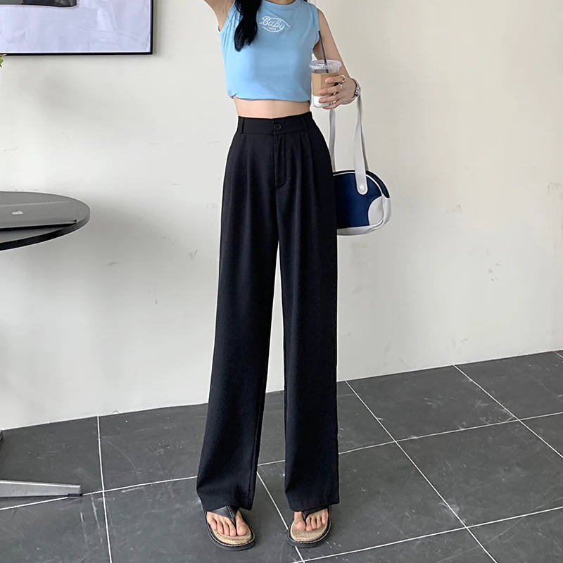 Korean Casual Loose Suit Pants Women Fashion Wide Leg Elastic High Waist Straight Trousers Spring Fall Simple Solid New Bottoms