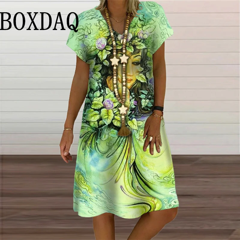 Abstract Painting Summer Retro Dress Women Street Art 3D Print Short Sleeve Dress Plus Size Casual V-Neck Pullover Ladies Dress