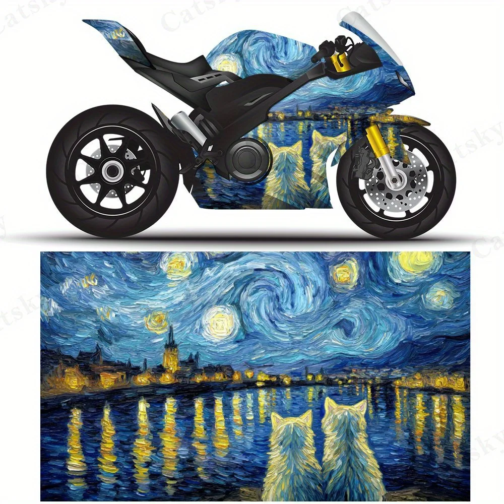 

Starry Night Cats Motorcycle Film Stickers, Durable PVC Adhesive Decals for Motorcycle Customization, Weather-Resistant Protecti