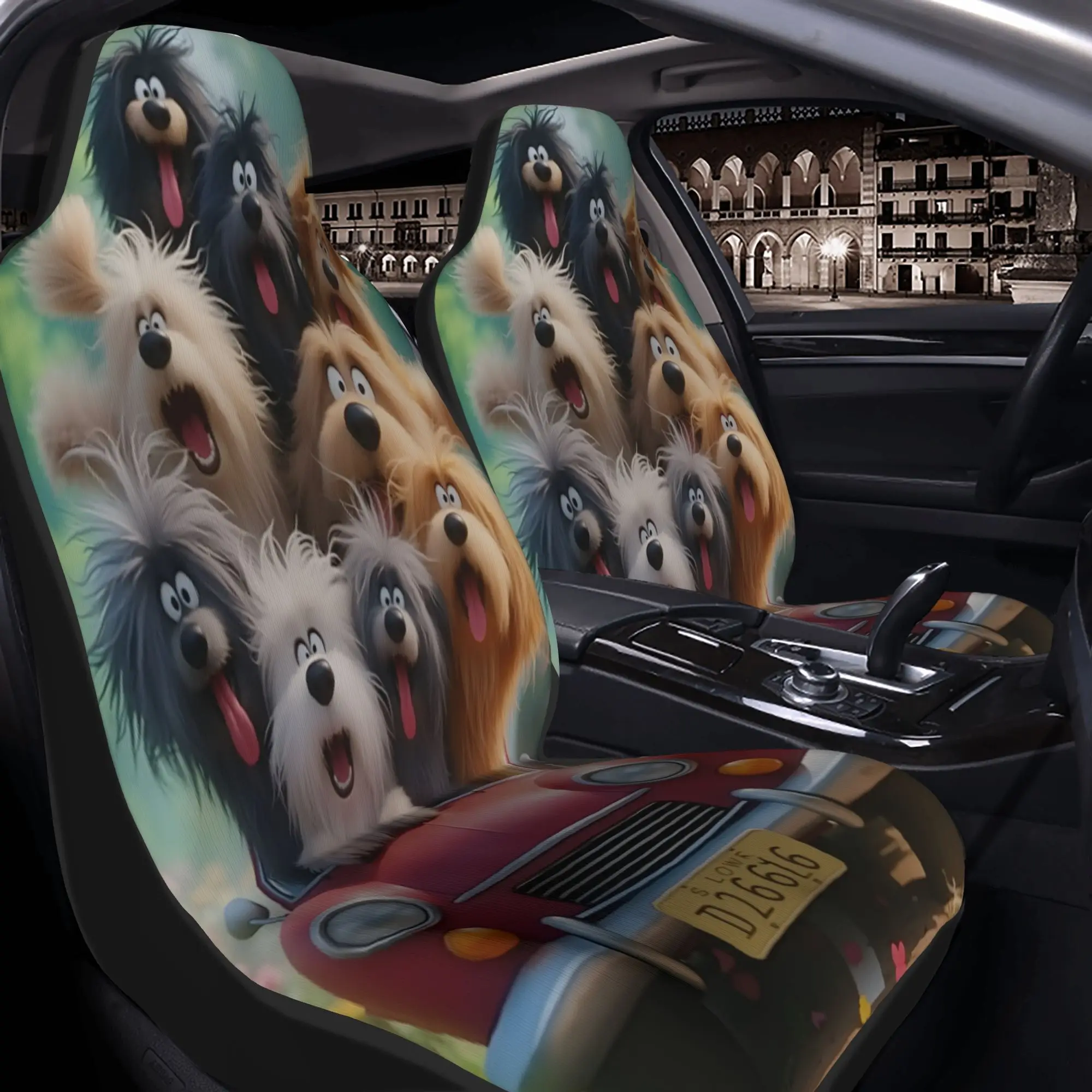 2pcs A Group Of Fluffy Dogs In A Red Car, Tongues Out, Happy And Excited On A Road Trip. Car Seat Covers, Suitable For All Vehic