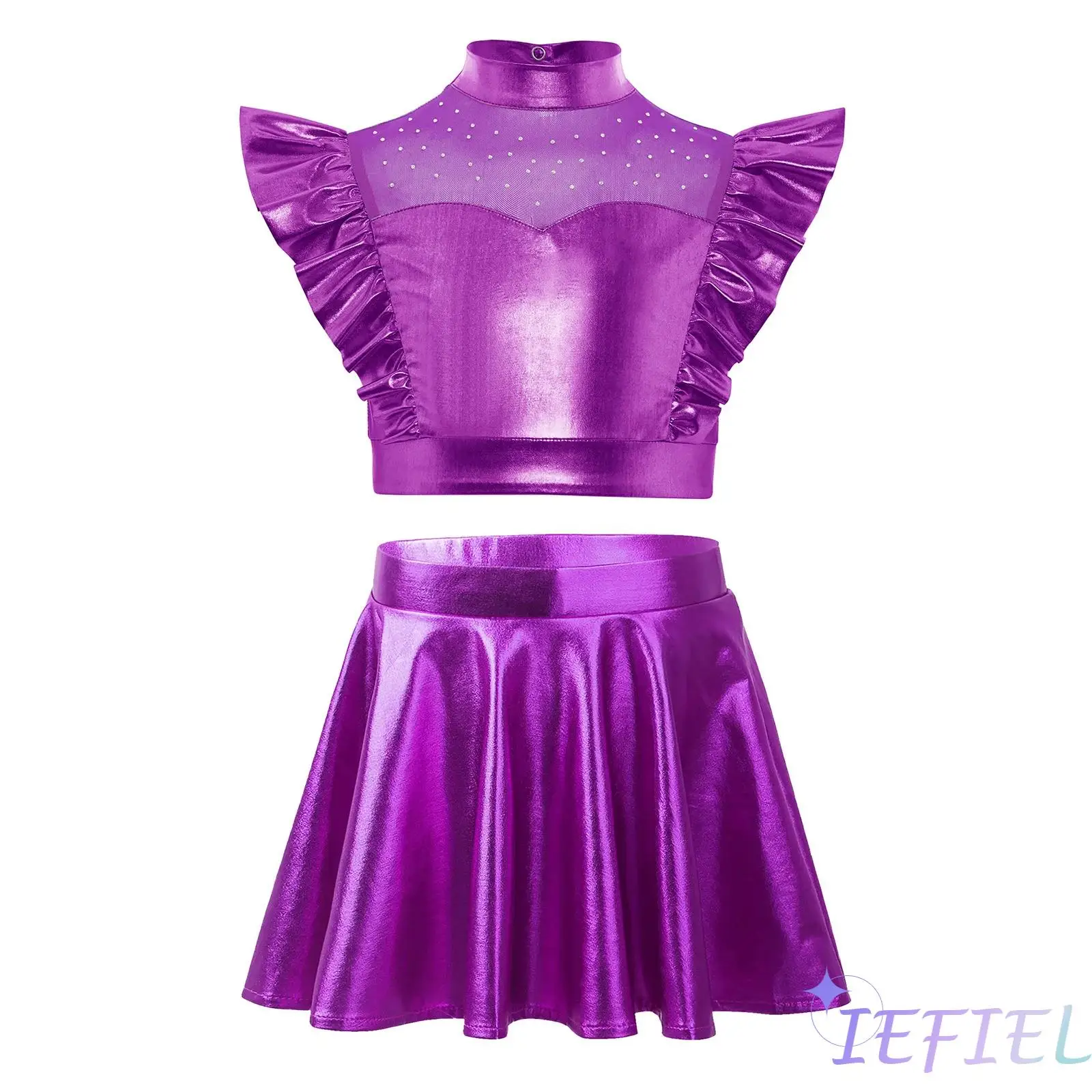 

Girls Jazz Dance Costume Rhinestone Adorned Mock Neck Crop Top with Metallic Ruffle Elastic Waist Flared Skirt for Street Dance