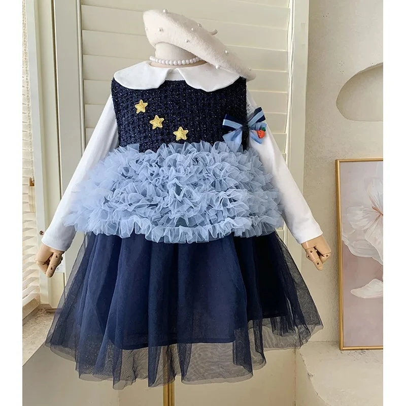 Girls' Spring and Autumn New High-Quality Star Mesh Bow Puffy Two-Piece Set
