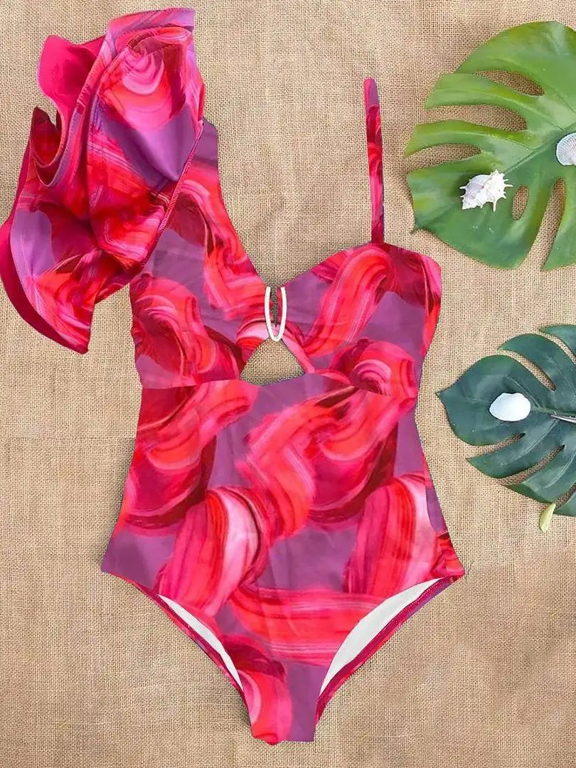 

Sexy One oulder Ruffle Swimsuit Floral Print Cleanfit Sle Thiened Ladies Swimwear A-Line Sve Other Material 00%