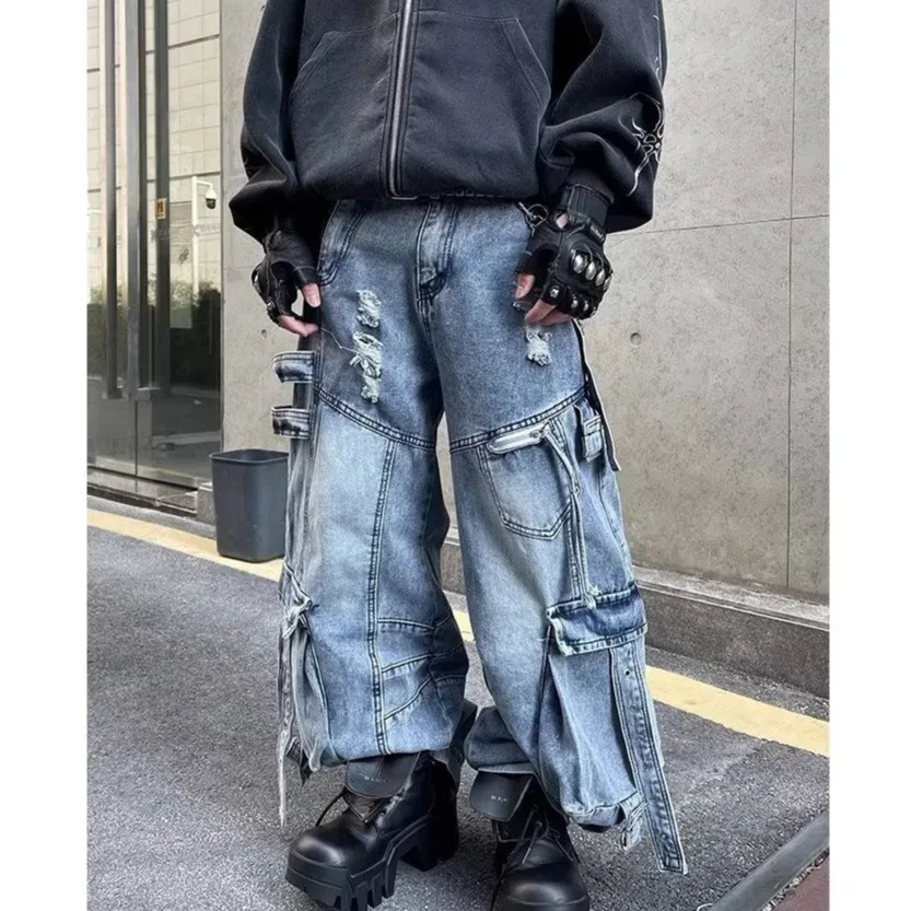 

American Decosition Sa Multi-ket Workwear Jeans Loose Wide Leg Long Trousers Irregular Design Casual Cotton Denim