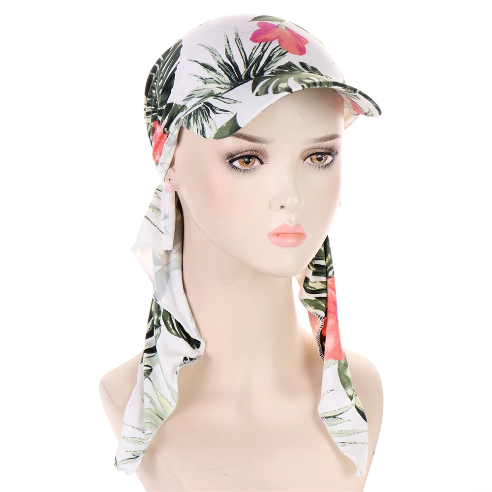 Hijab Pre-legati per donna cappello Bandana stampa foulard visiera parasole Durag berretto a tesa lunga coda avvolgere la testa cappello copricapo perdita di capelli