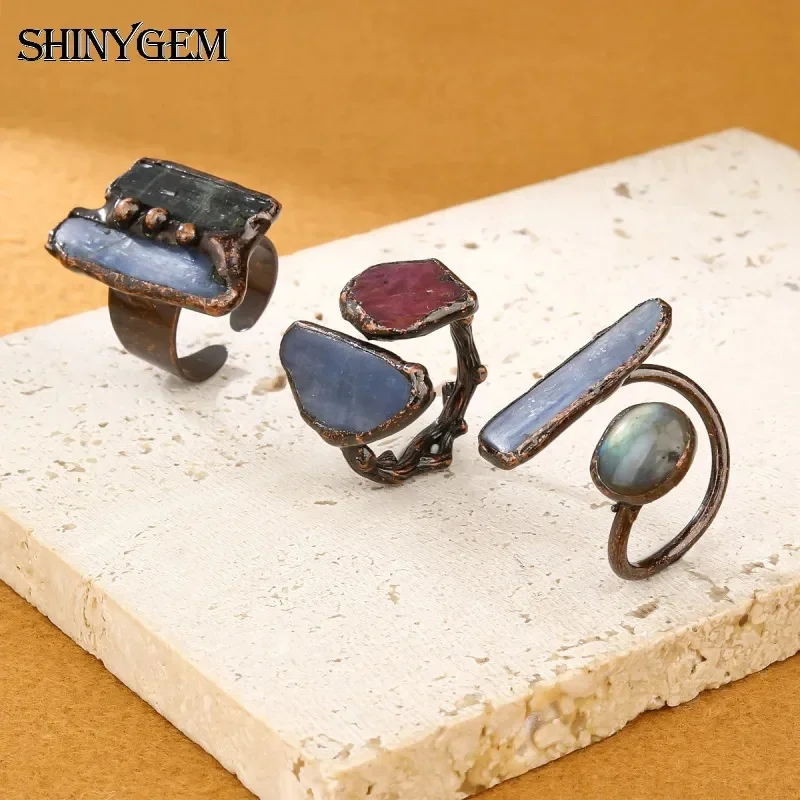 

SHINYGEM Vintage Style Natural Green Tourmaline Labradorite Kyanite Bronze Plated Open Double-Ended Ring