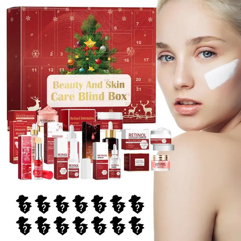 Calendario de Adviento para niñas, juego de maquillaje de 24 piezas, productos de cuidado de la piel, calendario de cuenta regresiva de Navidad, crema facial de retinol, suero, bálsamo labial