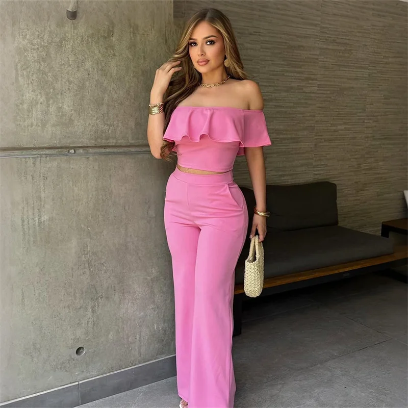 

Doyerl Elegant Sweet Two Piece Set Women Party Club Birthday Slash Neck Ruffles Crop Top and Wide Leg Pants New in Matching Sets