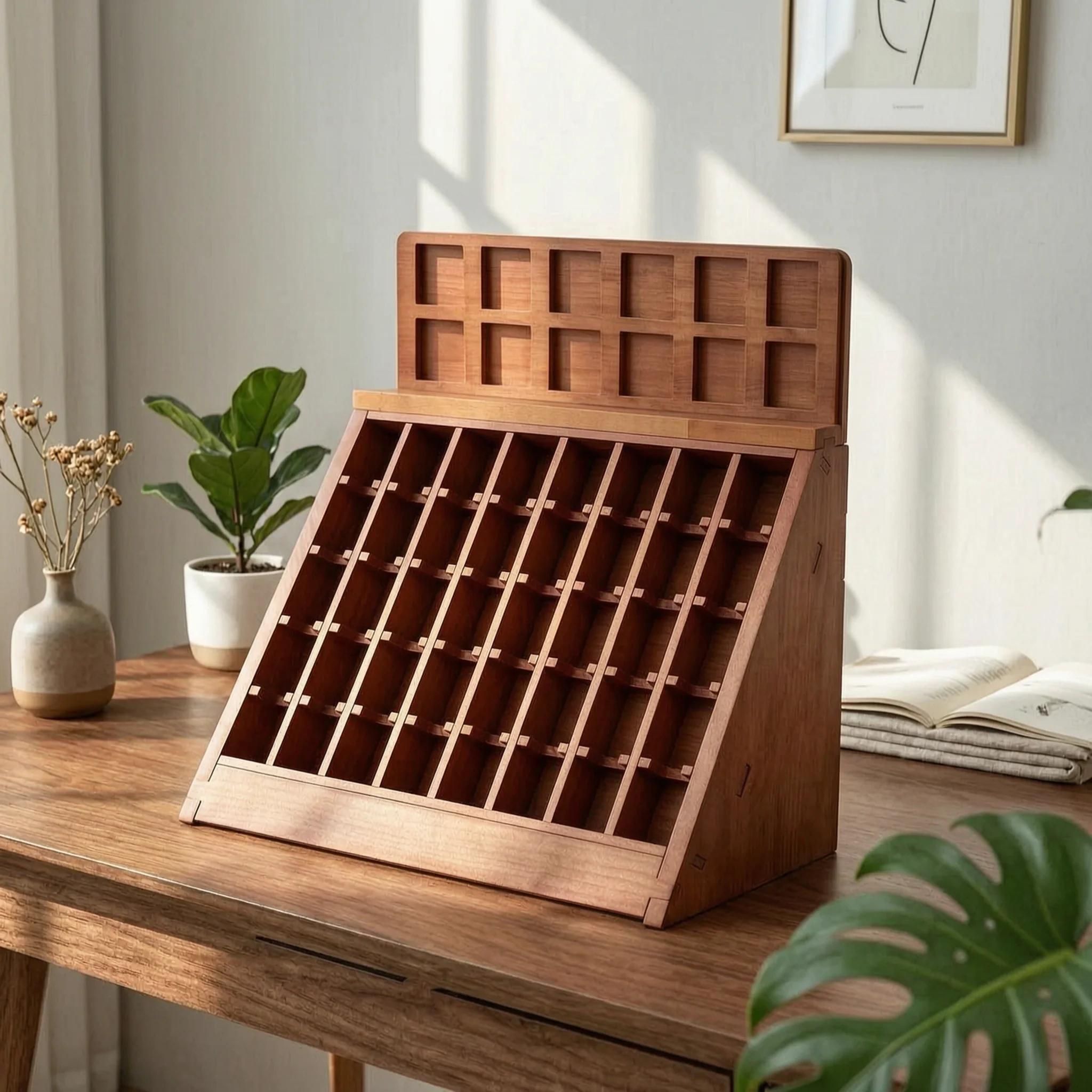Floor-Standing Grid Display Rack Wood-Grain Wooden Display Rack Organizer Versatile Modern for Collectors, Shop Counter, Studio
