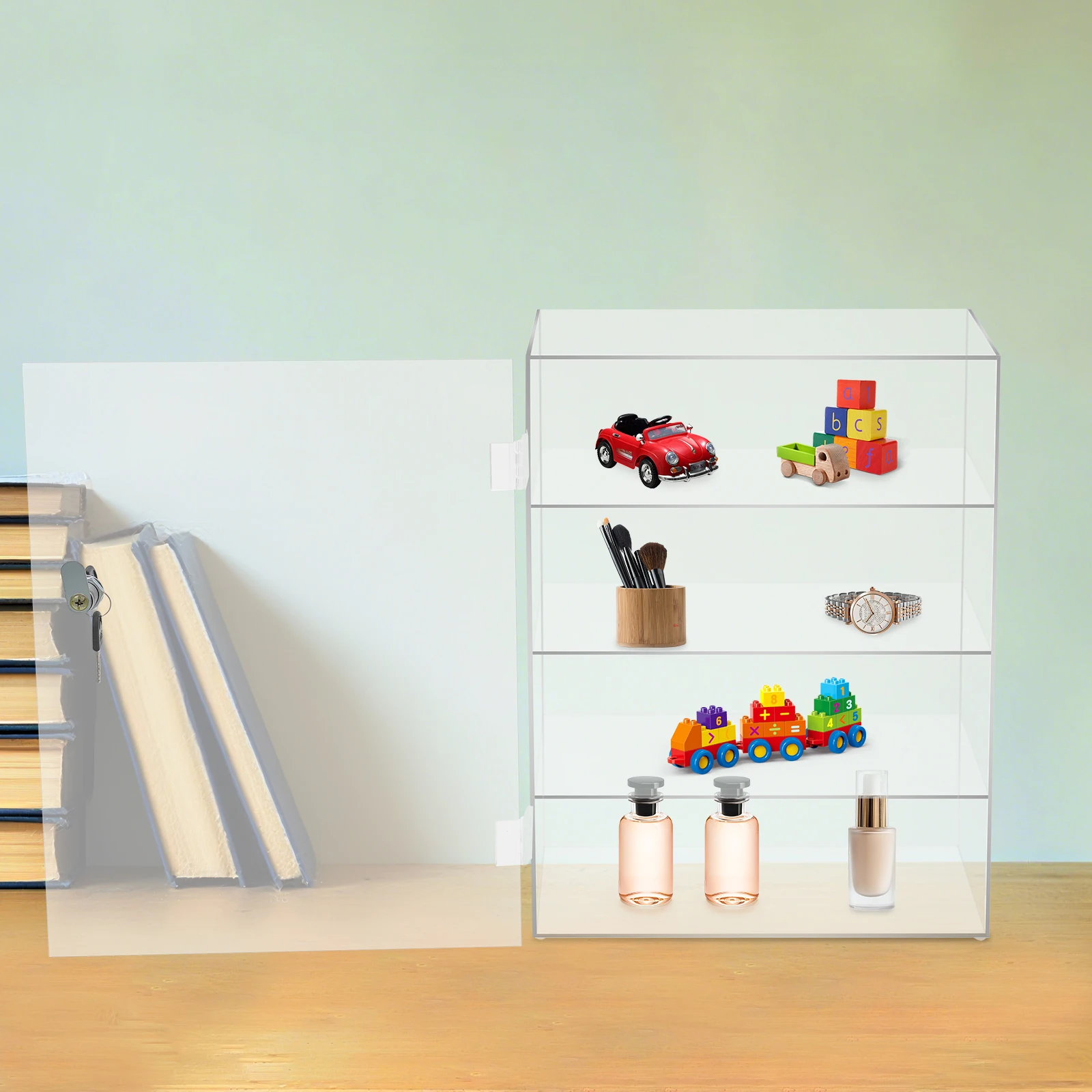 

Прозрачный акриловый четырехслойный витрина 30x15x40 см с полкой с замком Акриловый шкаф-витрина.