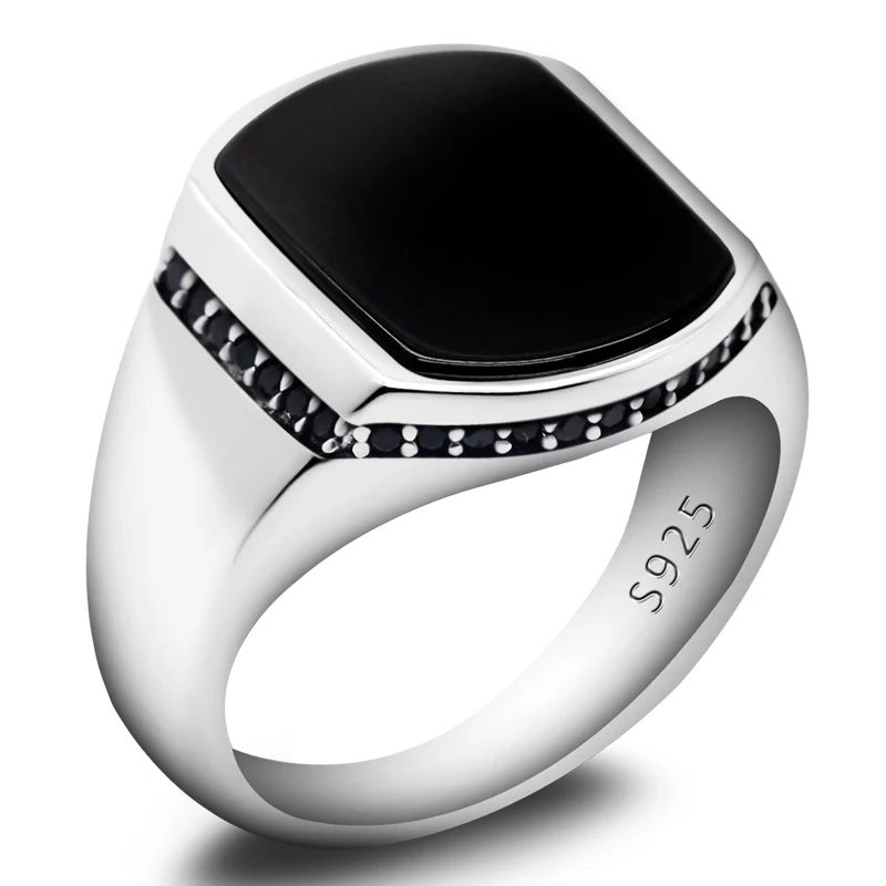 مضمونة 925 خاتم فضة Türkiye خاتم الرجال مربع أسود الحجر الطبيعي تصميم بسيط هدية العقيق النساء الدائري #1