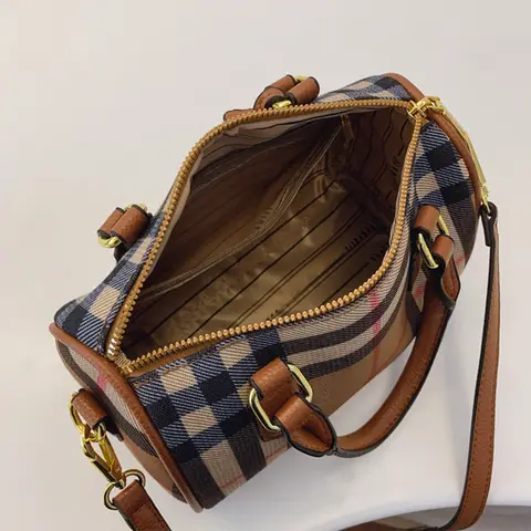 Bolso de hombro clásico con patrón de cuadros a rayas de gran capacidad, bolso cruzado de PU con correa ajustable y cierre de cremallera para uso diario
