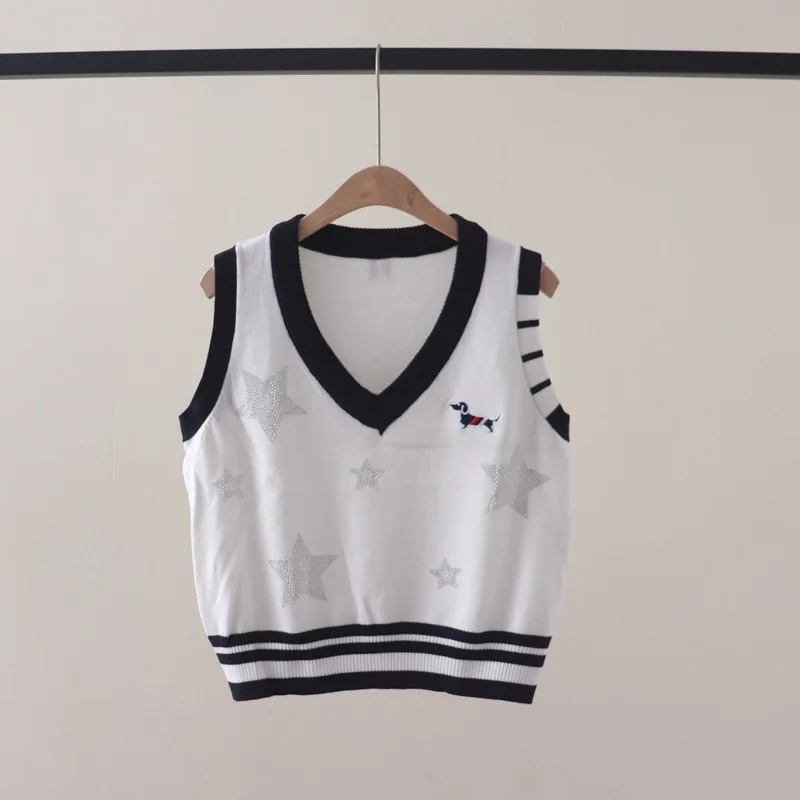 Autumn New Collar with Contrast ColorVCollar Rhinestone Five-Pointed Star Pullover Sleeveless Sweater Vest Vest Black and White