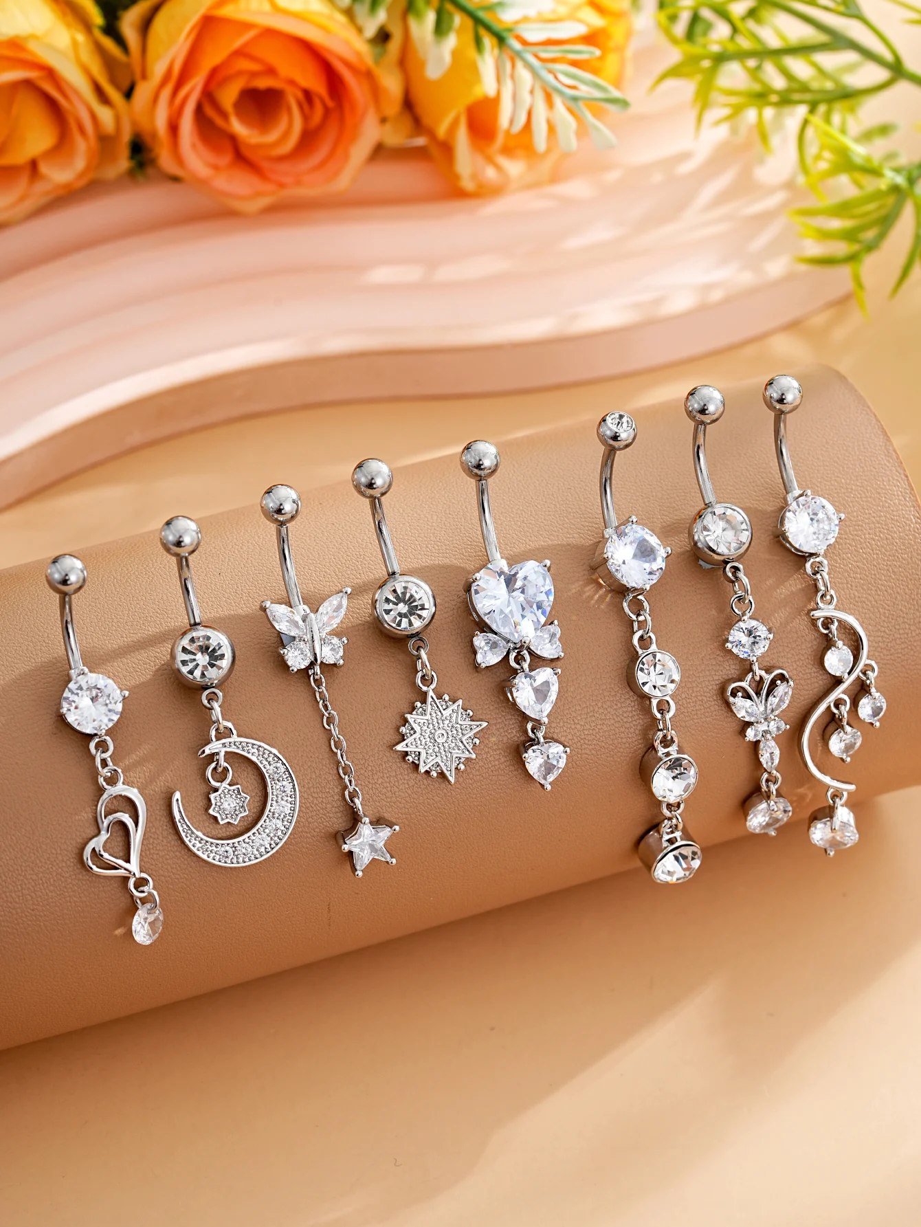 3-8 Stück/Set Gemischte Bauchnabelpiercing-Sets Lange Hängende Gebogene Bauchnabelringe Nombril Ombligo Damen 14G Schmetterling Bauchnabelpiercings