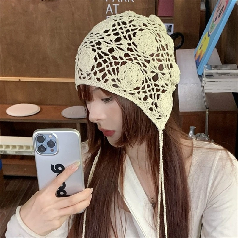 Fashion Beanie Hat for Women Girl Crochets Flower Knitted Hat Ethnic Style Cap Girl Bonnet Y2K Sweet Hat Adult Headdress