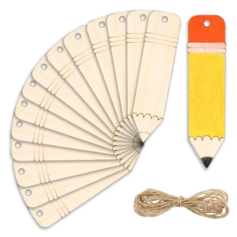 New 10pcs Wooden Blank Pencil Shaped Bookmark DIY Unfinished Skeleton Twine Tag Hangtag Home Decor Desk Decoration