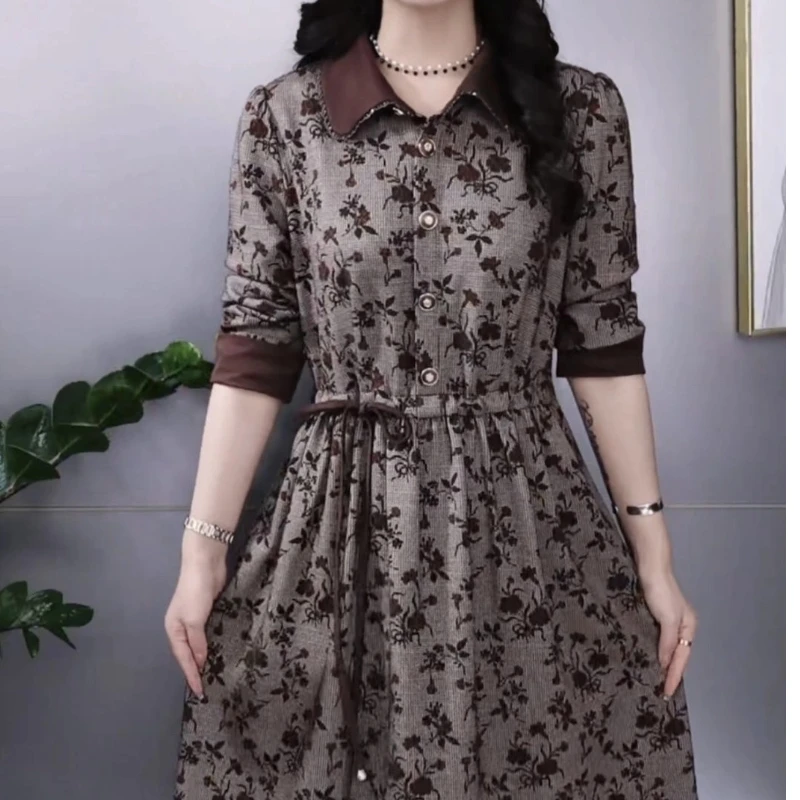 Elegant Floral Print Knee Length Dress With Polo Collar And Belted Waist For Middle Aged Women Vintage Style