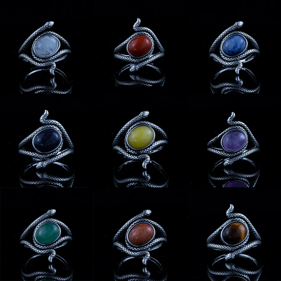 

Natural Stone Tiger-eye Amethyst Lapis Lazuli Obsidian Retro Snakelike Style Copper Rings for Men Women Gemstone Jewelry