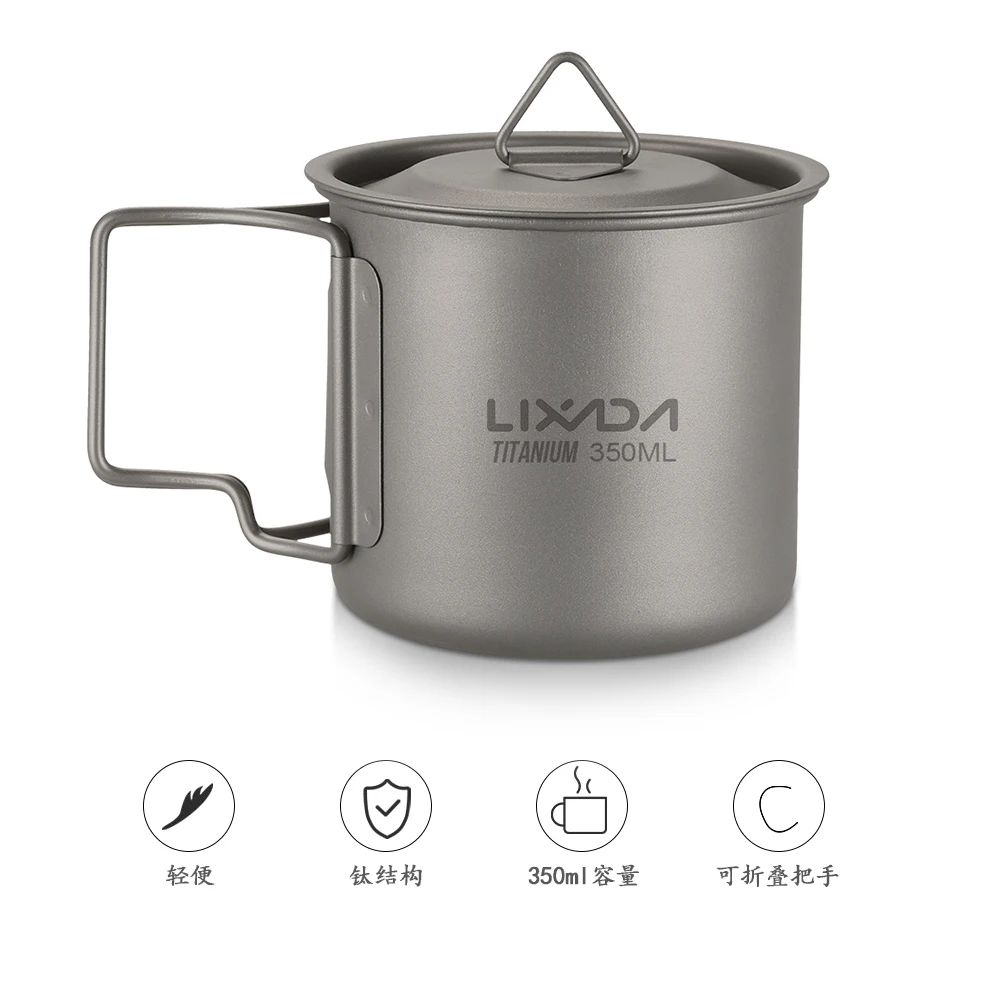 Lixada Ultralight Titanium Cup Water Cup Mug with Foldable Handle Outdoor Portable Camping Picnic 300ml / 350ml / 550ml / 650ml