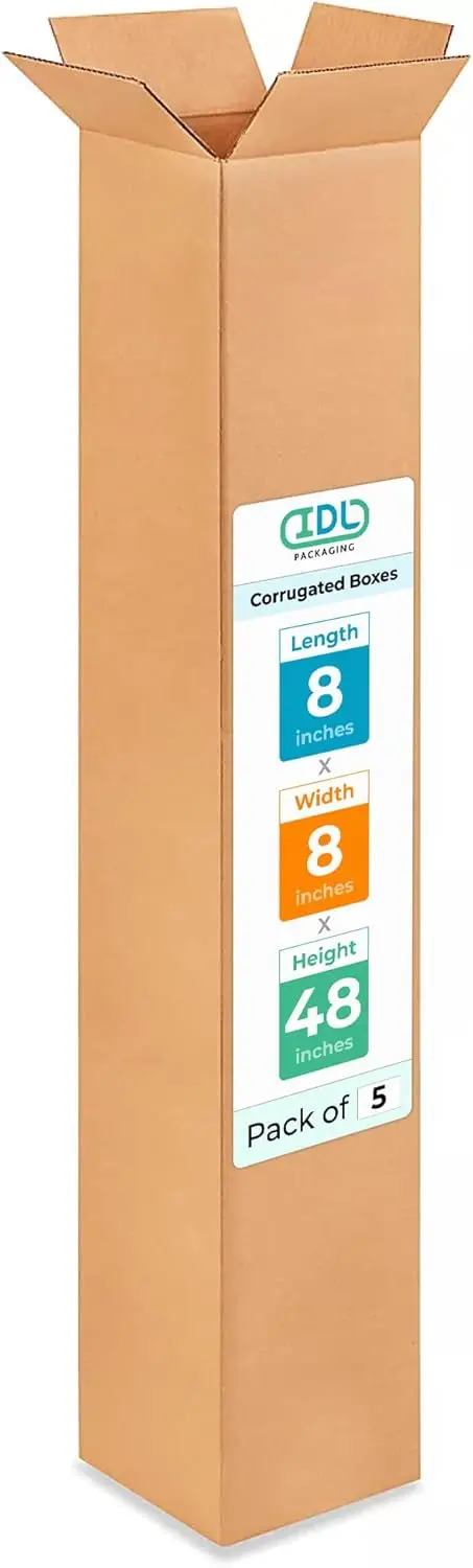

5-Pack Tall Shipping Boxes, 8x8x48 Inches, Extra Strength 200 lb, Durable Corrugated for Packing and Delivery