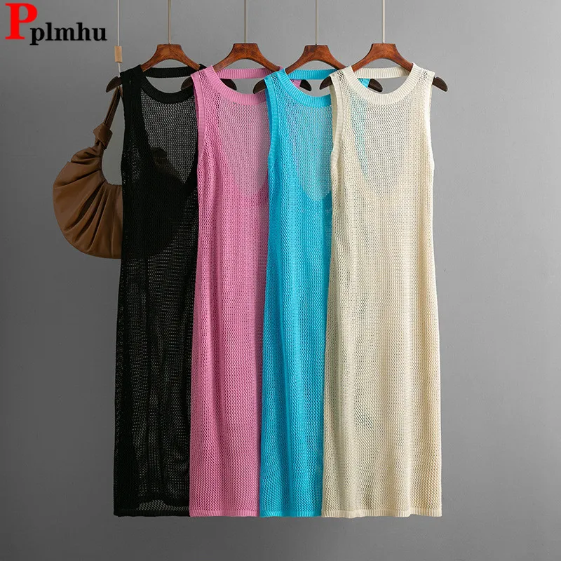 

Women Sexy Hollow Out Long Dress Summer Thin Backless Design Sleeveless New Dresses Korean Fashion Solid Elegant Slim Vestidos