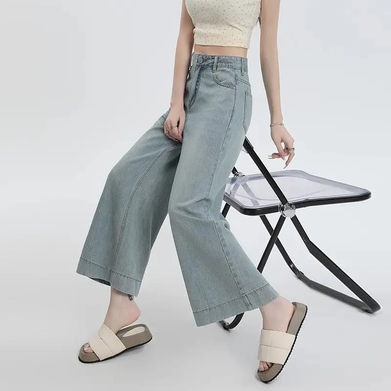 Damska letnia prostota Office Lady Solid Color High Waist Appear Thin Wide Leg Women Clothes Fashion All-match Cropped Pants