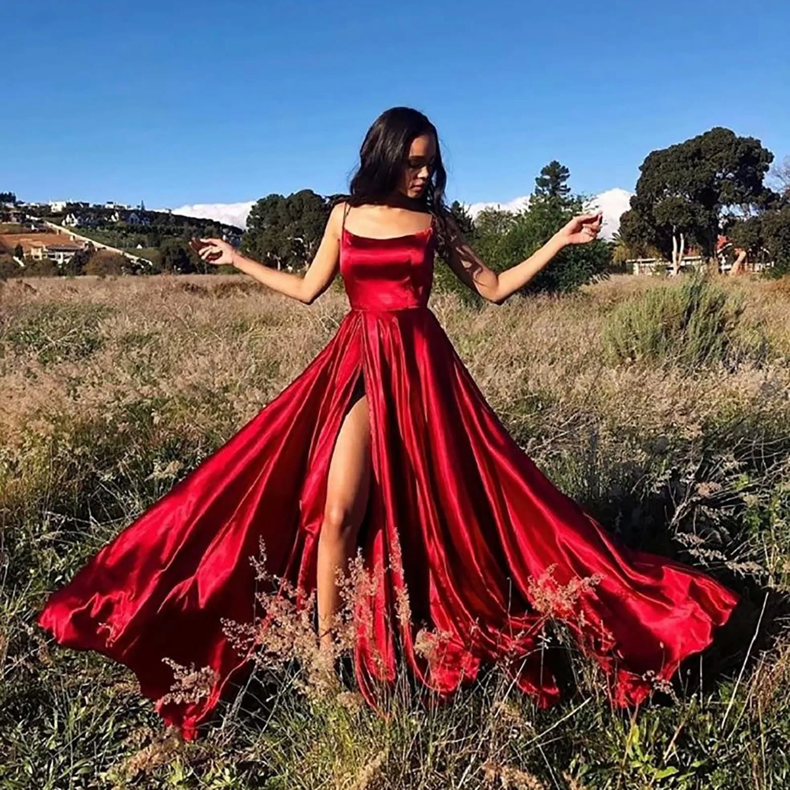 Vestido largo de satén con tirantes finos para mujer, traje elegante con espalda descubierta y abertura lateral alta para fiesta de noche