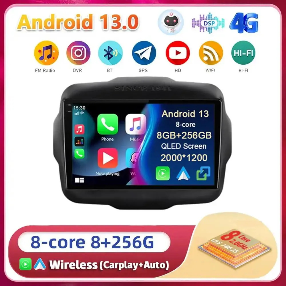 

Android 13 Carplay Auto For Jeep Renegade 2016 2017 2018 2019 2020 Multimedia Navigation Car Radio Player WIFI+4G BT Stereo DSP