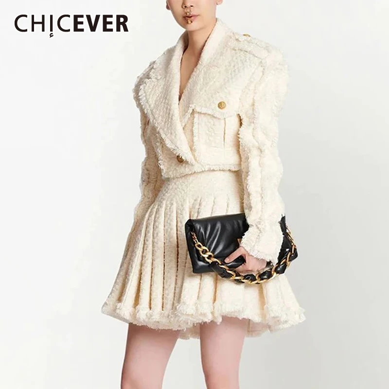 

CHICEVER Solid Two Piece Set For Women Lapel Long Sleeve Spliced Button Tops High Waist Pleated Skirts Slimming Sets Female New