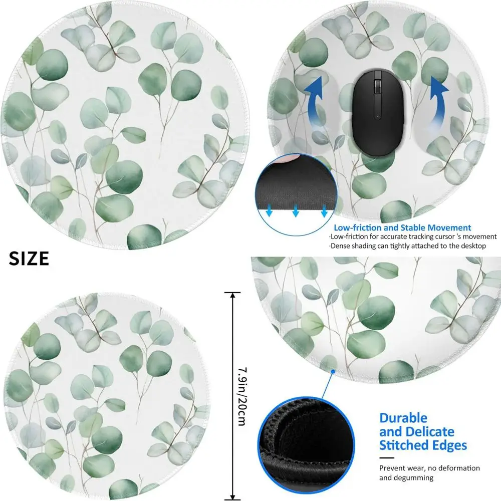 

Green Eucalyptus Leaf Design Round Mouse Pad with Anti-Slip Rubber Base, Washable for Laptop and Office Desk Use