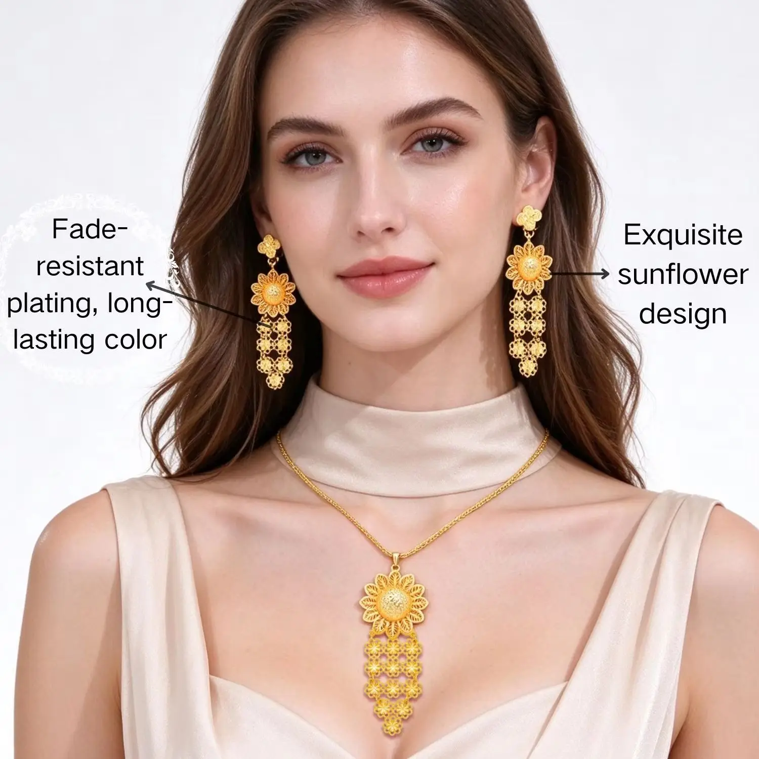 Ethiopian Sunflower Tassel Jewelry Set Gold Color Hollow Flower Necklace Earrings Dubai Nigeria Wedding Party Jewellery