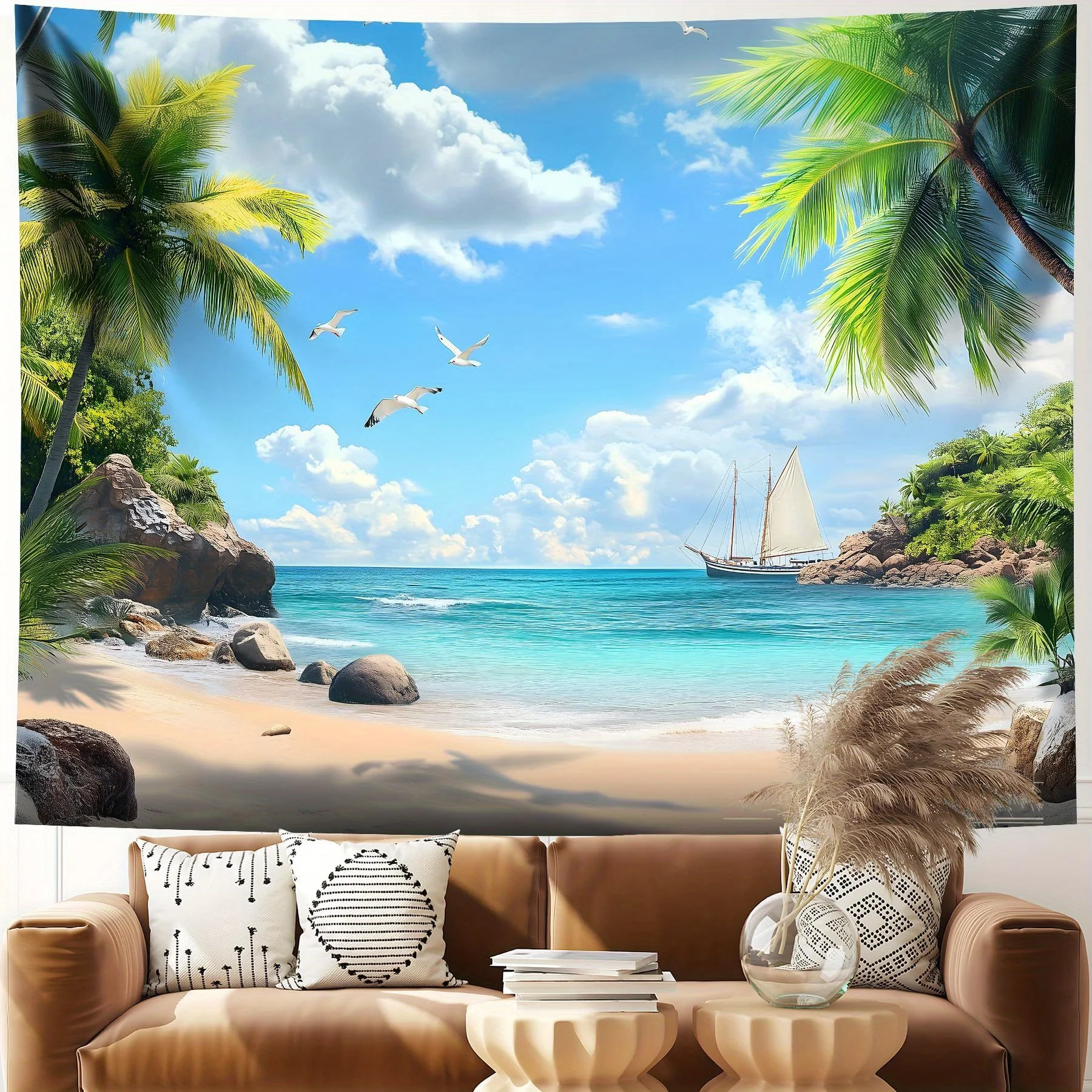 Tropical Beach Paradise Tapestry: Serene, Vibrant, and Blissfully Relaxing Wall Art for a Coastal Decor Statement
