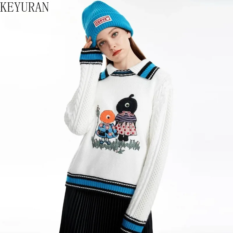 Autumn Winter Embroidery Contrast Color Laple Knitted Pullovers Women's Sweater Korean Style Outerwears Knitwear Tops Pull Femme