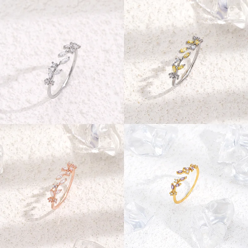 Hot Sale Adjustable Opening Multi-colors Zircon Leaf-shaped Ring Female Exquisite Jewelry
