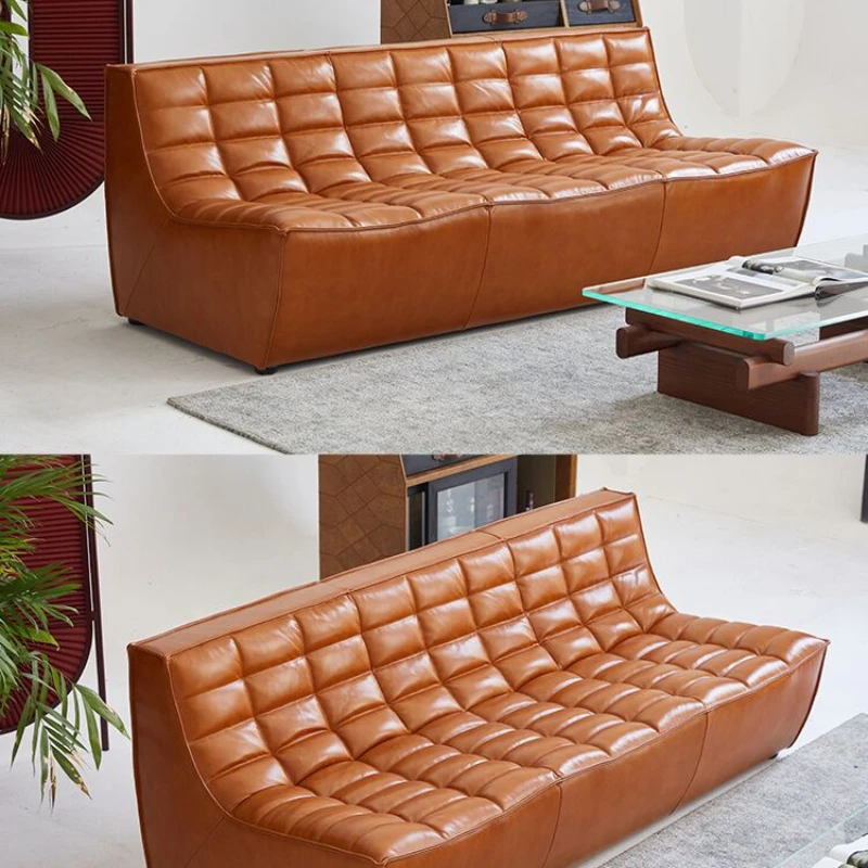 Vintage leather sofa living room waffle N701 oil wax leather module diagonal corner combination