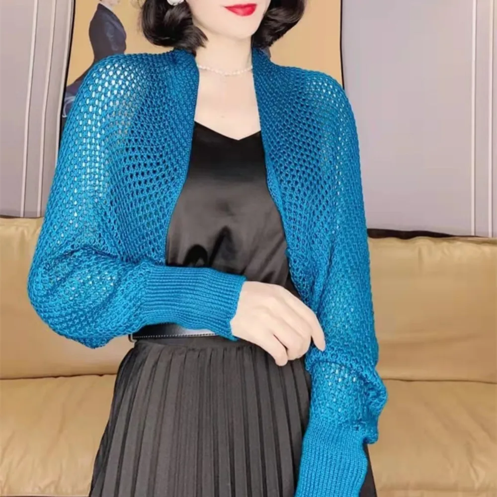 Trend Hollow Ice Silk Shawl Simple Elegant Thin Outerwear Coat Luxury Long Sleeve Smock Top