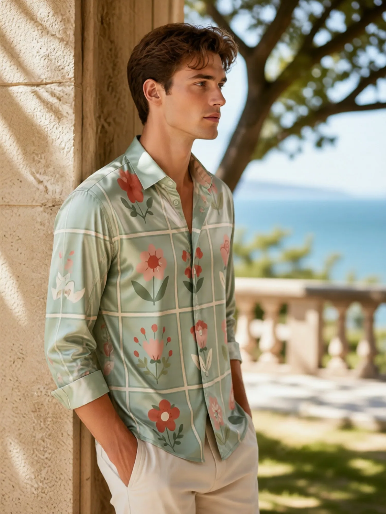 Mens Satin Long Sleeve Button Down Printed Dress Shirt Soft Smooth Fabric Commute For Everyday Office Commute Business Wear