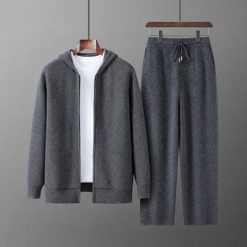 New Autumn And Winter Casual Knit Men'S Set Hooded Sweater Zip-Up Jacket High-Waisted Straight-Leg Pants Sporty Two-Piece Outfit
