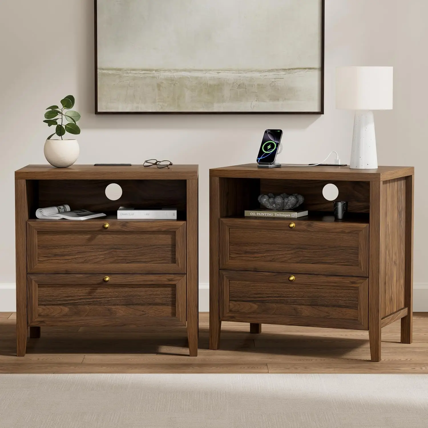 Farmhouse End Table 2 Drawers Set 2, Wooden Nightstand Open Storage Cable Hole Bedside Table Bedroom Living Room, Customized