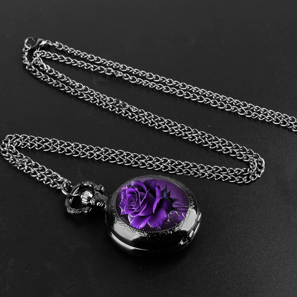 Delicate Gifts Quartz Pocket Watch Purple Rose Design Glass Dome Necklace Pendant Clock for Mens Womens